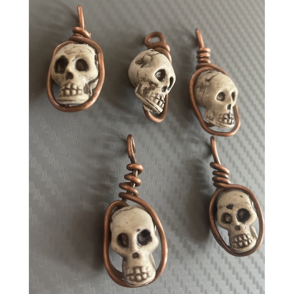 Lot of 5 Skull Pendants Charms Solid Copper Wire Wrap Bronze OOAK Halloween